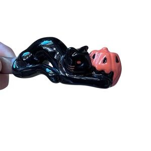 Neiman Marcus Glass Handle Cheese/Butter Knife Set/4 Black Cat Orange Pumpkin